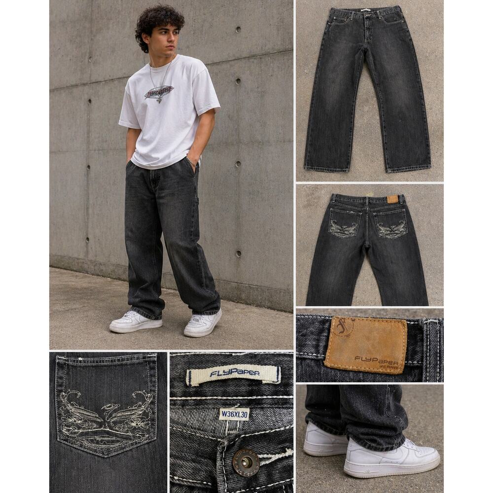 Flypaper Jeans Black Denim W36 L30 Relaxed Straight Embroidered Y2K